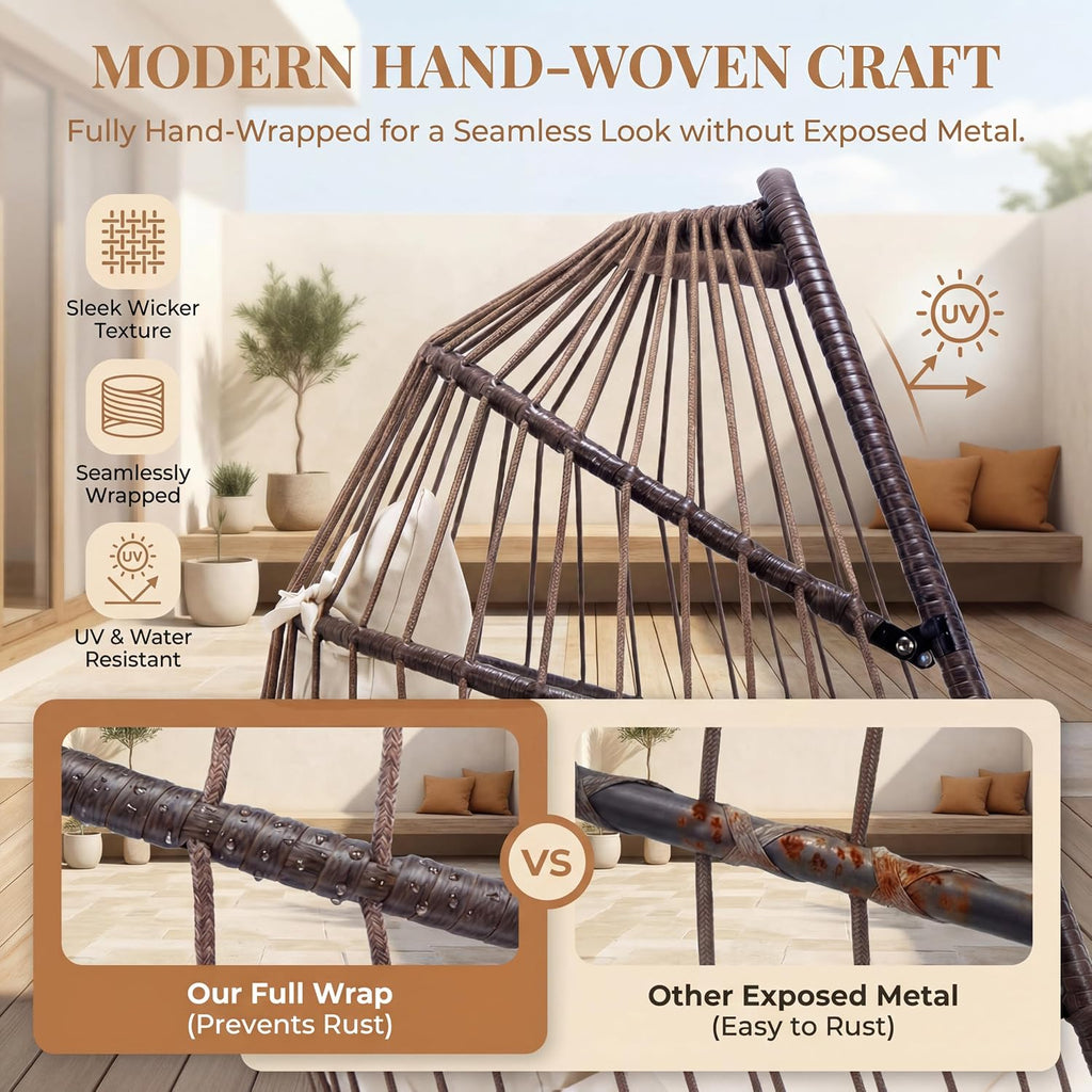 RADIATA Indoor Outdoor Hanging Egg Chair with Stand and Cover, 350Lbs Foldable Rattan Swing Hammock with Padded Cushion, Free-Standing Single Eggshell Basket Seat for Patio Balcony Bedroom, Brown