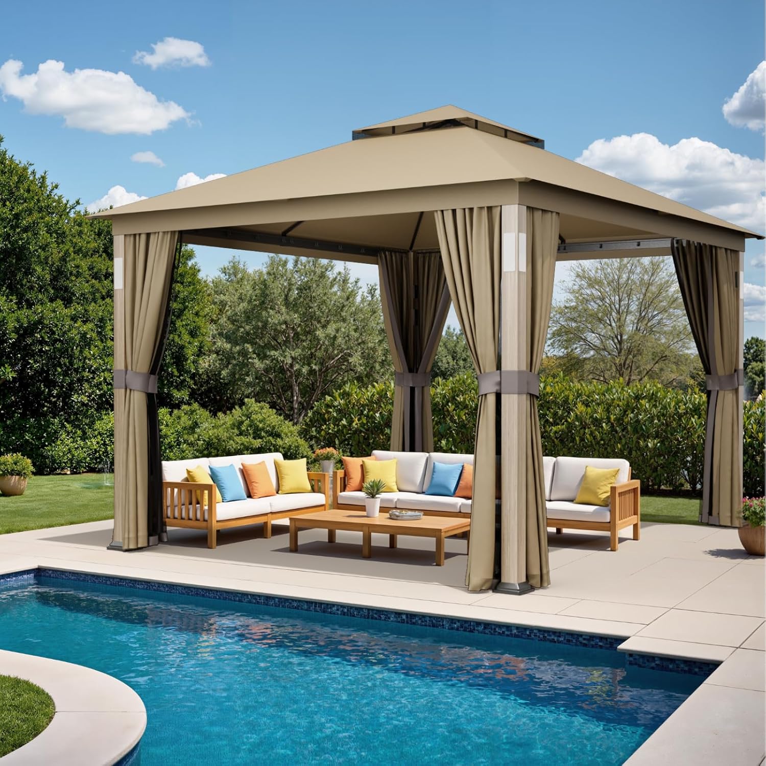 Sannwsg Outdoor Patio Gazebo 10x12 FT, Soft Top Gazebo with Arched Roof Canopy, Metal Frame, Mosquito Netting & Privacy Curtains, for Backyard & Deck, Brown