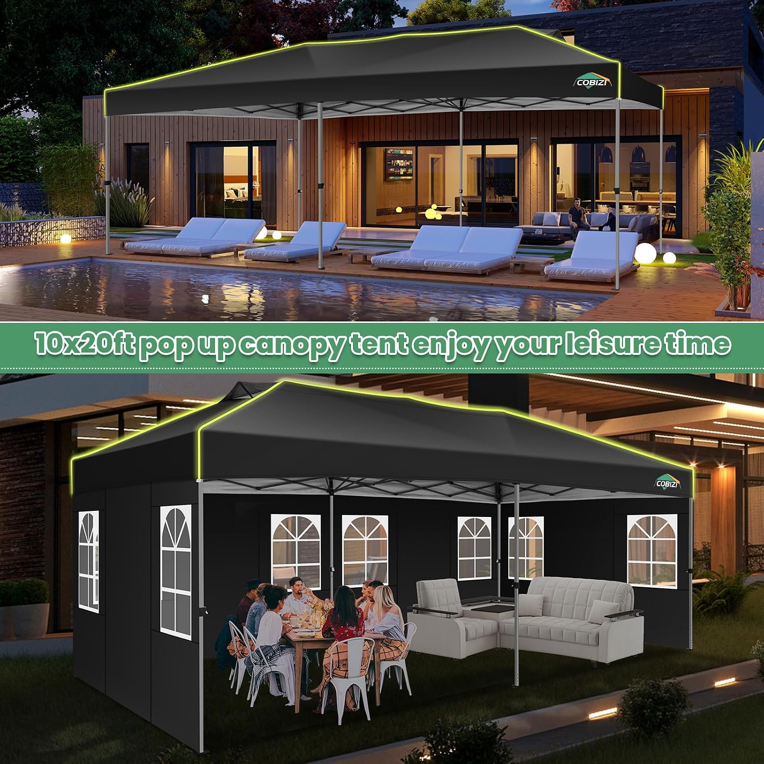 COBIZI 10x20 Pop Up Canopy Tent with 6 Removable Sidewalls, One Push Party Tent Outdoor Waterproof Event Canopy with Air Vent for Parties Commercial Wedding, 3 Height, Carry Bag, Sandbag, Black