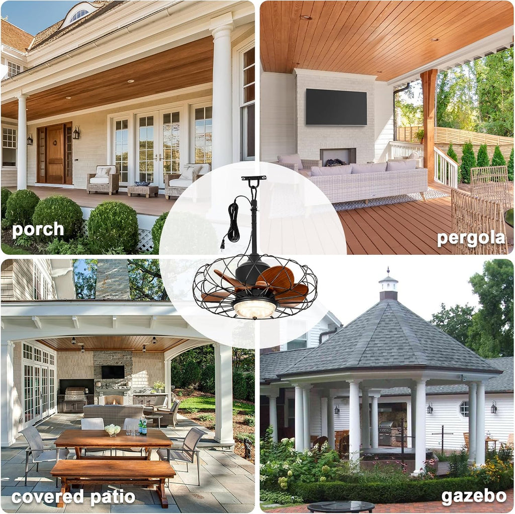 20' Waterproof Outdoor Ceiling Fan with Light for Patios Gazebo Fans Outdoor Hanging Black Caged Fandelier LED Light with Plug-in Cord for Pergola Porch Gazebo, Remote APP Control, 6 Speeds