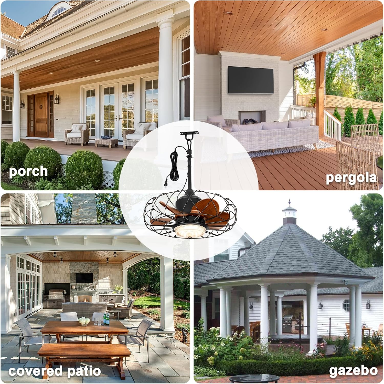 20' Waterproof Outdoor Ceiling Fan with Light for Patios Gazebo Fans Outdoor Hanging Black Caged Fandelier LED Light with Plug-in Cord for Pergola Porch Gazebo, Remote APP Control, 6 Speeds