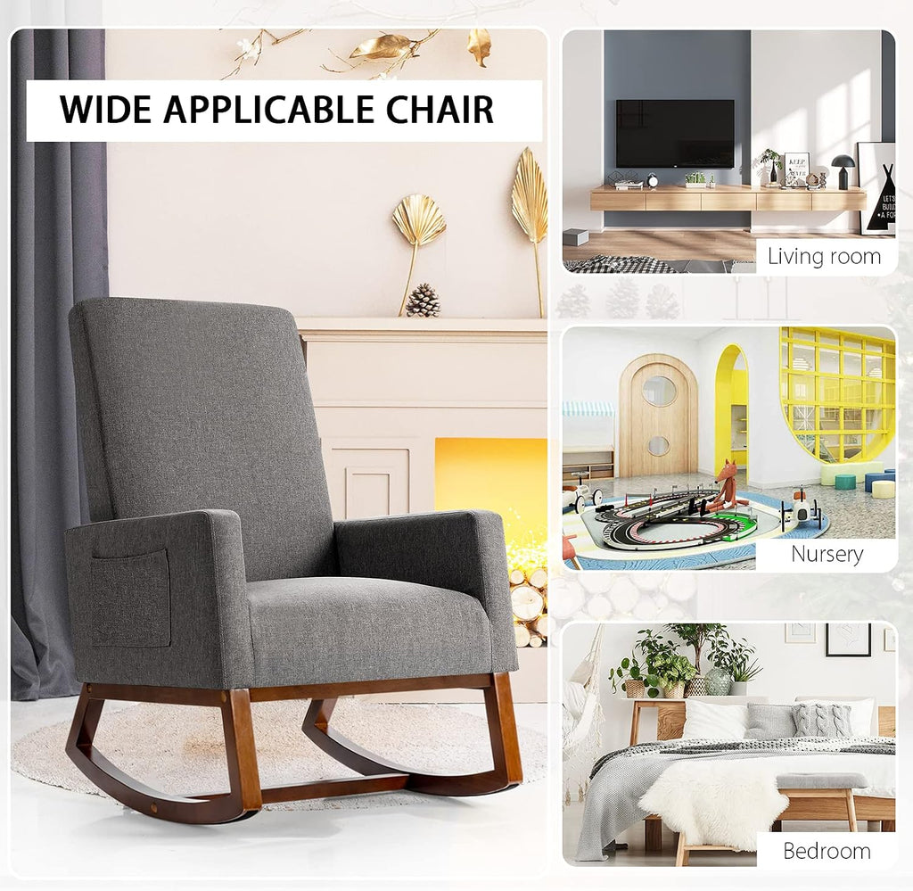 Giantex Upholstered Rocking Chair, Modern Fabric Armchair w/Wood Base, Side Pocket, Linen Padded Seat, High Back Accent Glider Rocker Chair, Mid-Century Leisure Chair for Nursery, Living Room (Gray)