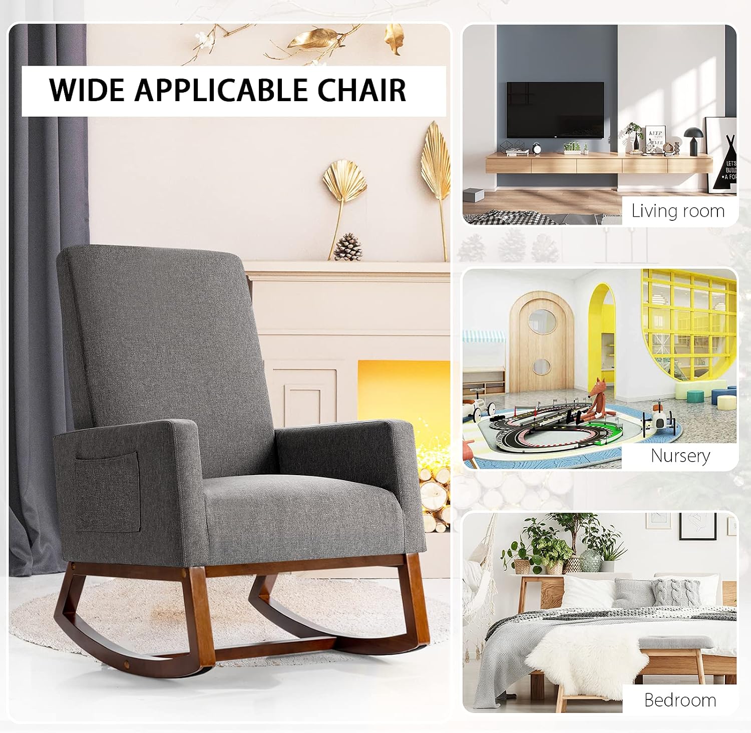 Giantex Upholstered Rocking Chair, Modern Fabric Armchair w/Wood Base, Side Pocket, Linen Padded Seat, High Back Accent Glider Rocker Chair, Mid-Century Leisure Chair for Nursery, Living Room (Gray)