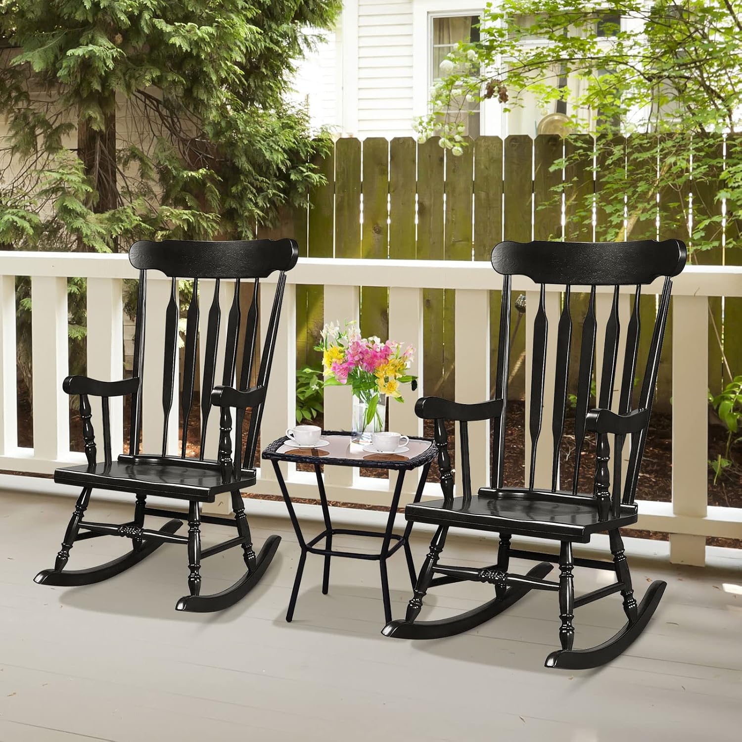 Tangkula Patio Rocking Chair Solid Rubber Wood, Outdoor Porch Rocker Chair with Rubber Wood Frame, Indoor Wooden Rocking Chair, Ideal for Garden, Backyard & Balcony (2, Black)