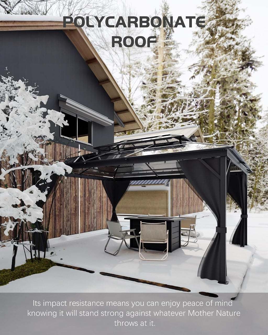 GAOMON Hardtop Gazebo 10'x12', with Double Polycarbonate Roof, Aluminum Alloy Frame, Net, and Curtain, Permanent Building of Backyard Luxury, for Patio, Deck, Backyard, Lawn, and Garden, Gray
