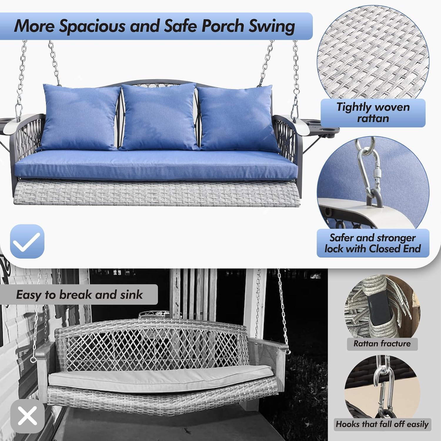 ZZW Wicker Porch Swing Heavy Duty 900 LBS 3-Seat Outdoor Patio Swing Chair with Cushions & 8.9ft Chains Outdoor Hanging Bench with Upgraded Cup Holders for Garden Deck Backyard