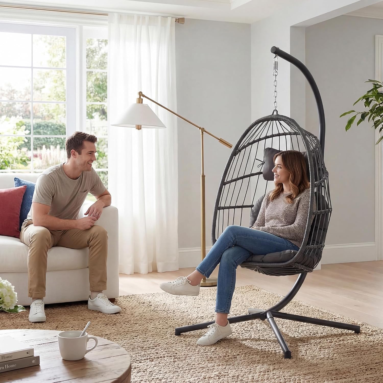 Yechen Indoor Outdoor Egg Hanging Chair with Stand, Patio Wicker Swing Egg Chair Indoor Swinging Chair Outdoor Hammock Egg Chair 350lbs Capacity for Patio Bedroom Balcony, Charcoal Grey (EG-001)