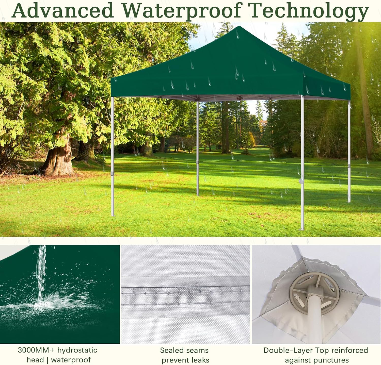 Easy 10x10 Pop Up Canopy Tent with Peak Tensioner, Heavy Duty for Commercial Use, Industry-Leading 3000mm Waterproof, 500D Silver Coated Top, Wheeled Bag, 4 Sandbags, Stakes & Ropes, Forest Green
