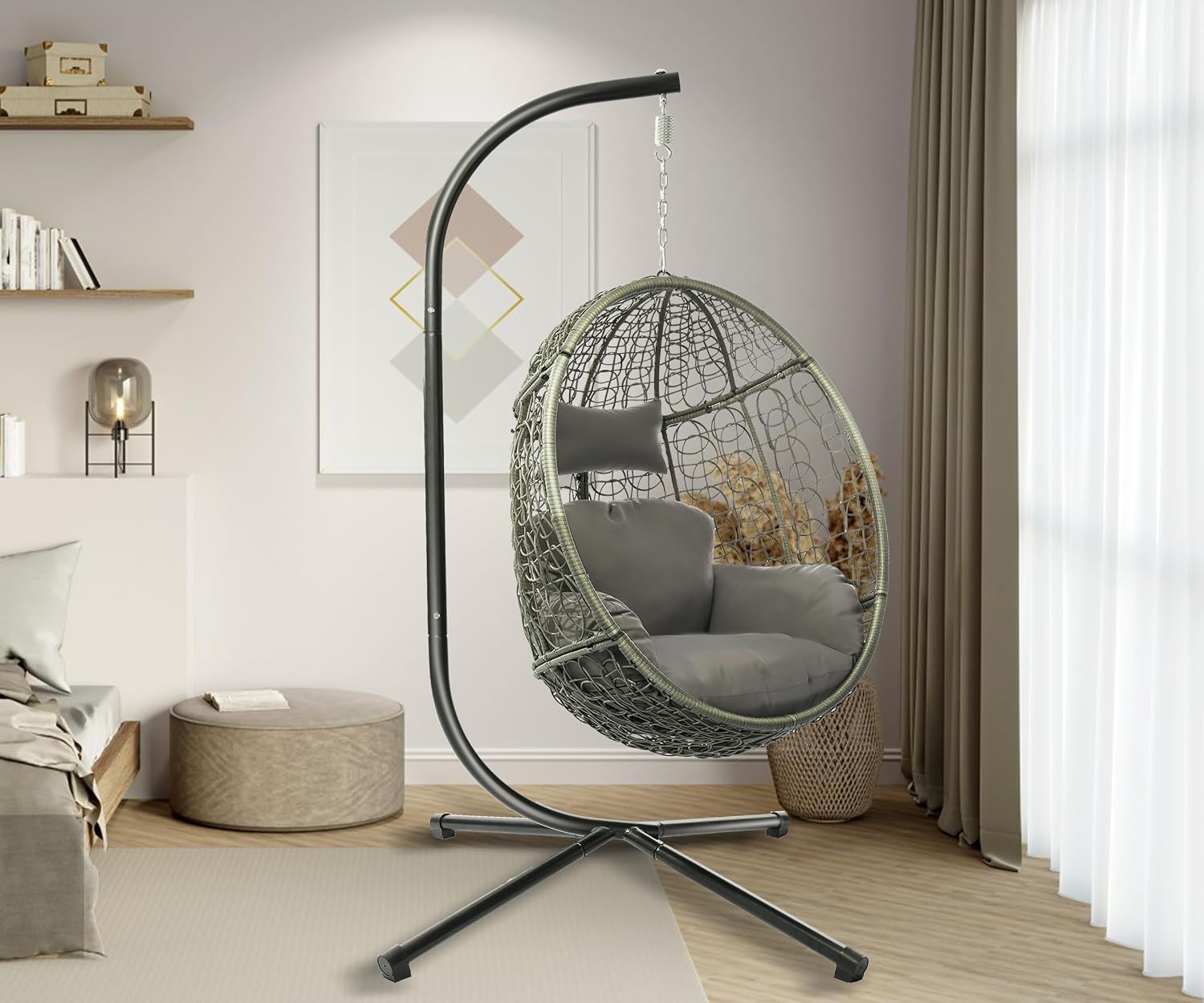 DoubleTT Indoor/Outdoor Egg Chair with Stand, Swing Hammock Hanging Chair Nest Basket, UV Resistant Removable & Washable Cushions,350LBS Capacity for Bedroom, Balcony, Garden