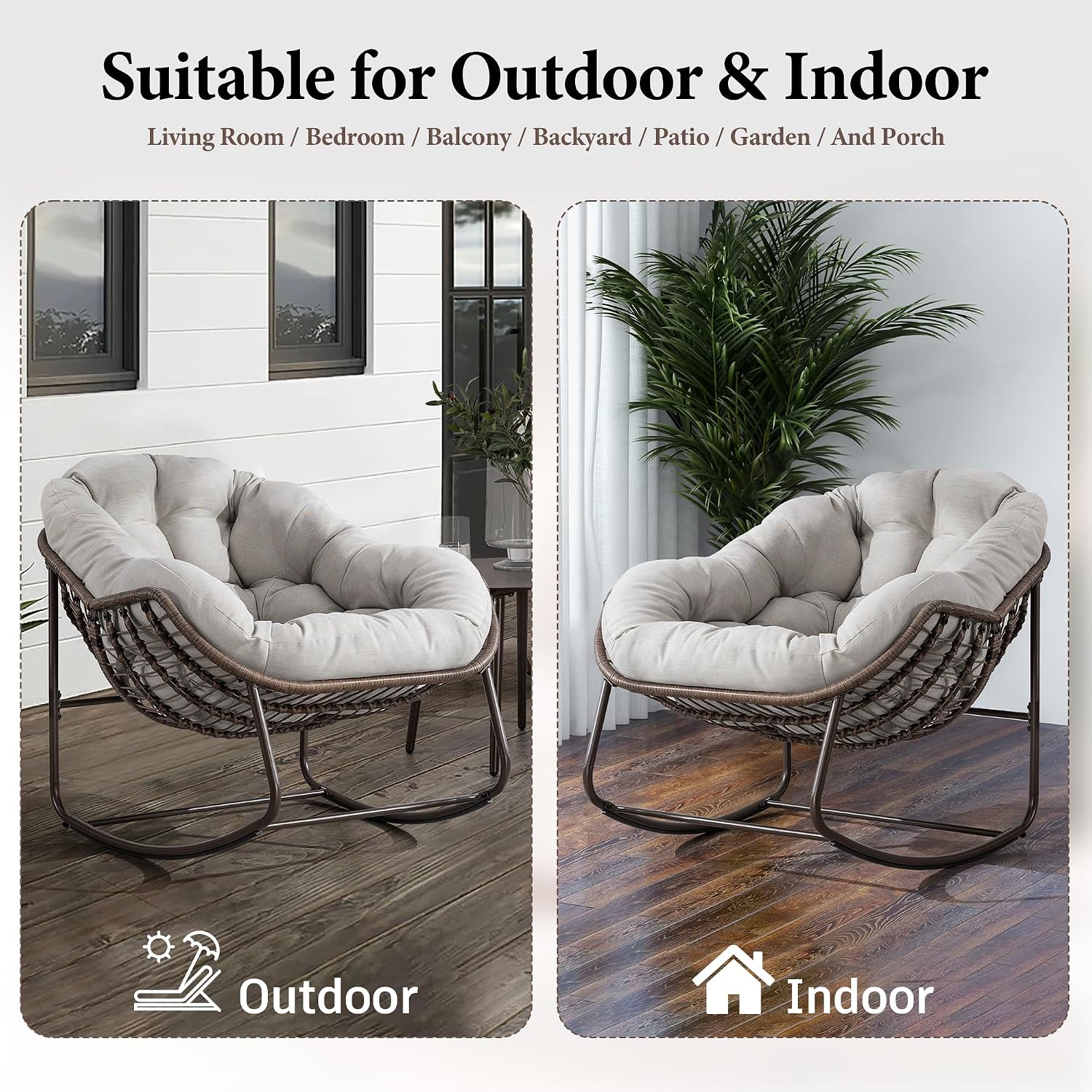 Large Indoor Outdoor Rocking Chair, Oversized Rocking Papasan Chair with Thick Cushion and Frame Outdoor Rocker, Comfy Wicker Egg Chairs Lounge for Outside Porch Patio Backyard (Beige, Set of 2)