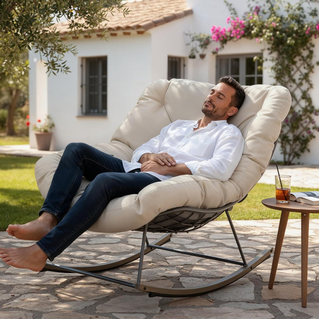 Outdoor Rocking Chairs Set of 2,Oversized Papasan Chair with Cushion and Frame, Comfy Modern Rocker Egg Chair for Living Room, Garden Backyard(Beige,2PC)