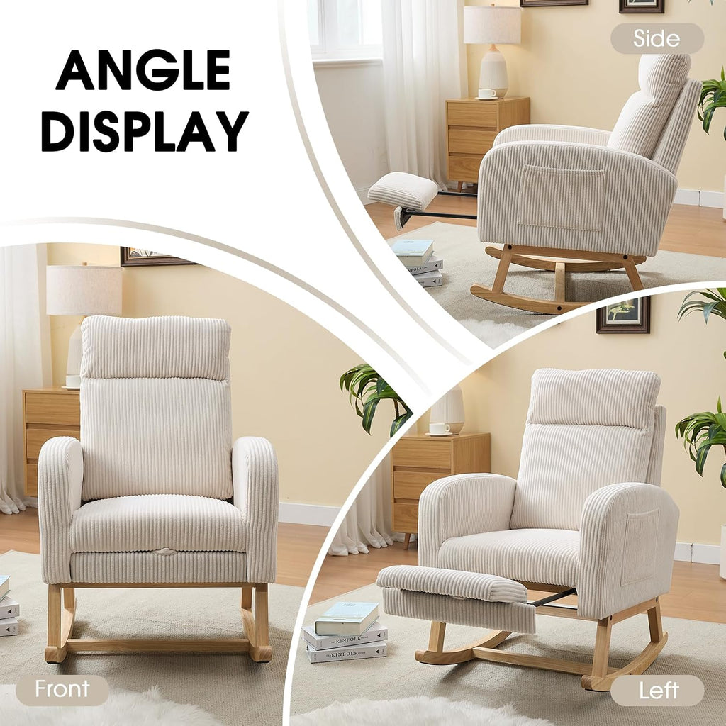NIOIIKIT Nursery Rocking Chair, Corduroy Upholstered Rocking Chair with Adjustable Footrest, Tufted Rocker Chair with Side Pocket, Glider Rocker for Living Room (White Modern)
