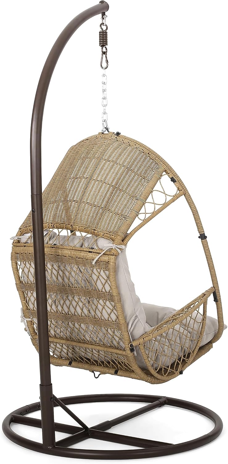 Christopher Knight Home Amanda Wicker Hanging Chair with Stand, Light Brown, Brown, Beige