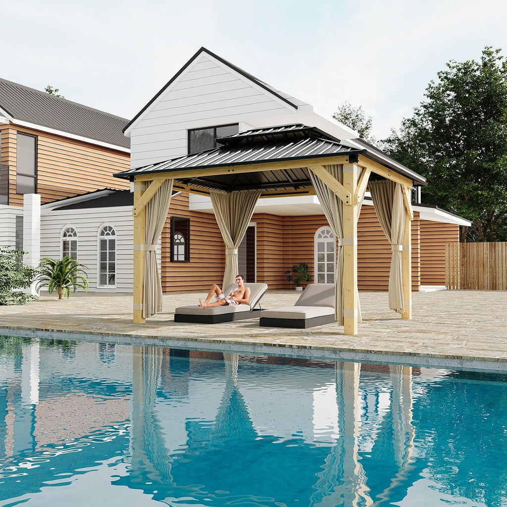 10' x 12' Patio Gazebo Wooden Gazebo with Solid Spruce Frame and Aluminum Double Roof Suitable for Gardens, Patios, Lawns, and Parties Curtains and Netting Included!
