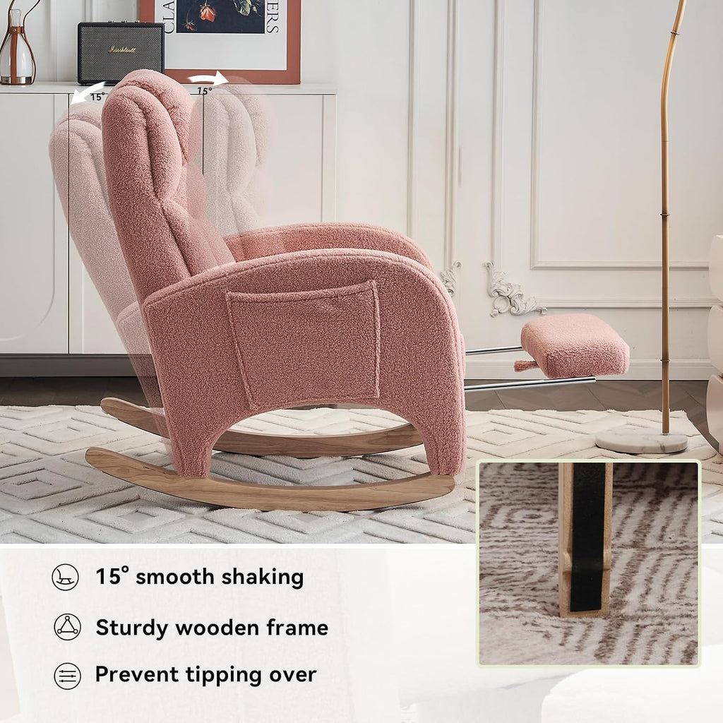FOXHUNTER Rocking Chair Nursery, Modern Glider Chair with Adjustable Footrest and Solid Wood Legs, High Backrest Nursery Chair with Side Pocket, Rocker Armchair for Living Room Bedroom, Teddy Pink