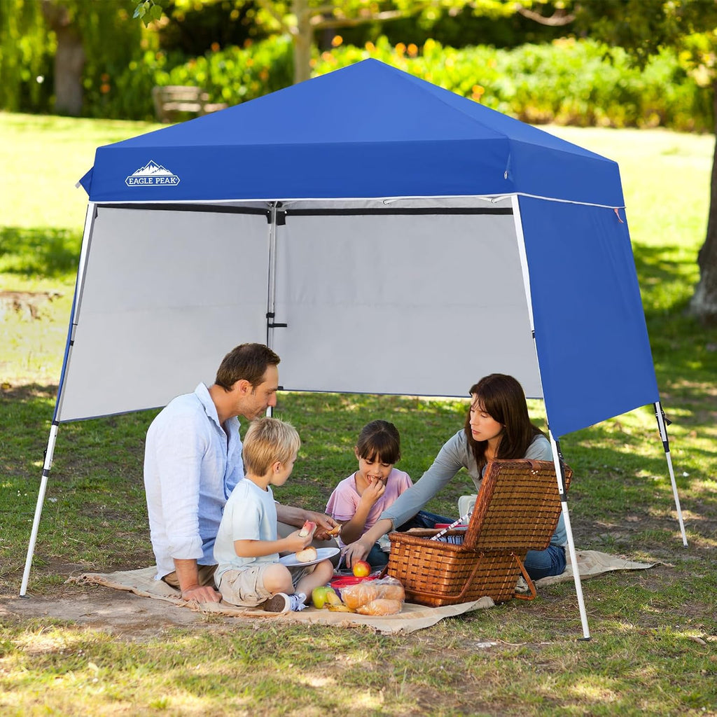 EAGLE PEAK Day Tripper 8x8 Aluminum Super-Lightweight Slant Leg Pop Up Canopy with 3 Removable Walls, Instant Outdoor Backpack Canopy Tent, Outside Beach Folding Sun Shelter, 8x8 Base 6x6 Top, Blue
