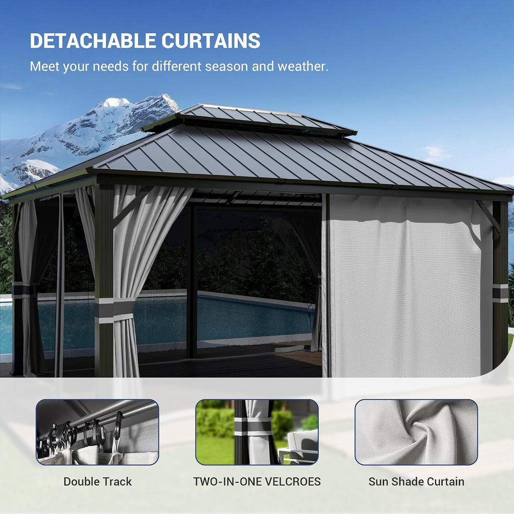 Amopatio 12' X 16' Permanent Hardtop Gazebo Aluminum Gazebo with Double Galvanized Steel Roof, Curtains and Netting Included,Outdoor Metal Pergola for Patios, Garden, Parties, Lawns