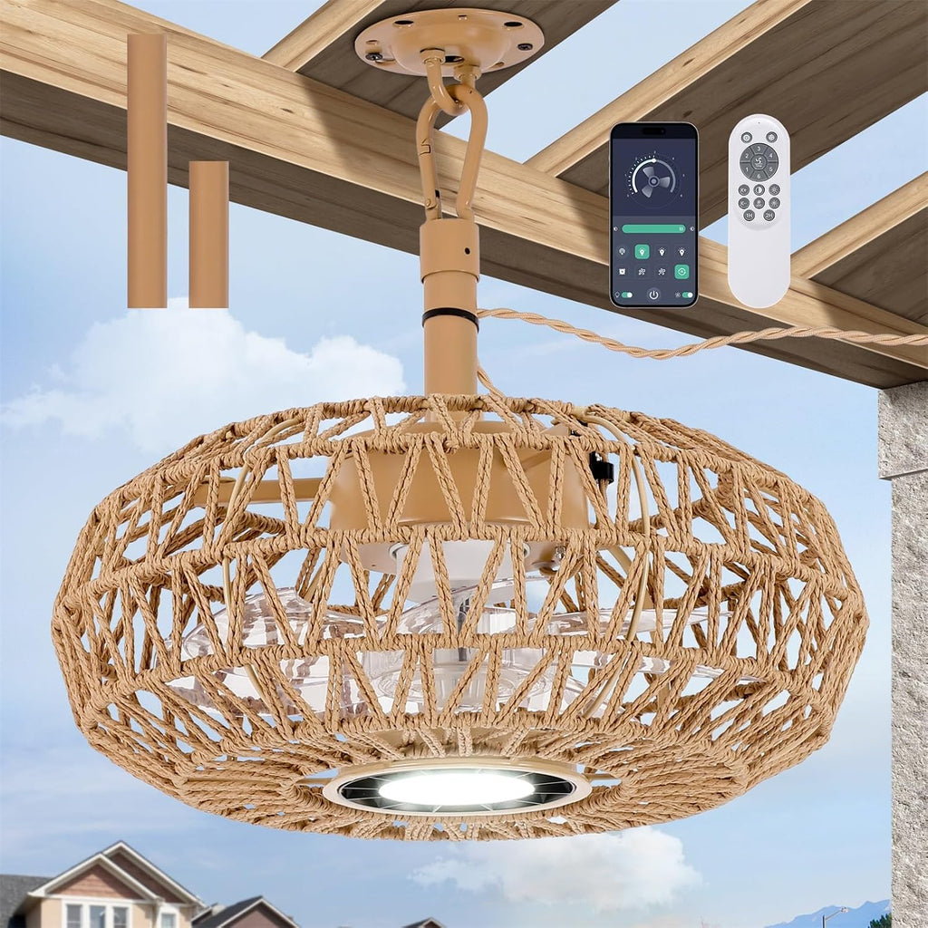 15'' Outdoor Gazebo Fan with Light, Outside/Indoor Hanging Rattan Ceiling Fan with Remote&APP Control, 3CCT Dimmable, 6-Speed DC Motor, Plug-in Wicker Woven Caged Ceiling Fans for Patio Pergola