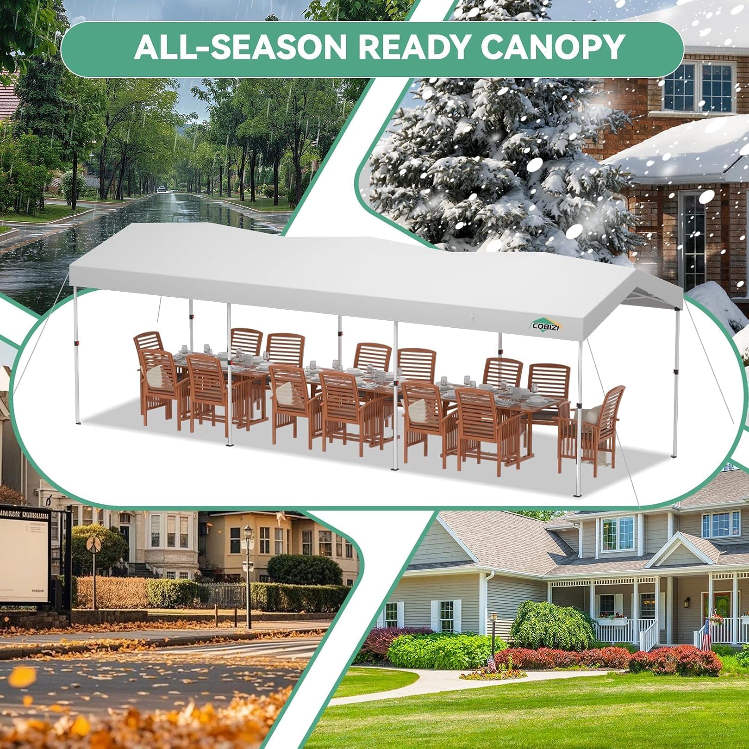 COBIZI 10x30 Pop Up Canopy with One Button Push Center Lock,Ez Up Portable Carport with 3 sidewalls,Waterproof UV50+ Outdoor Party Commercial Carport Canopy Gazebos with Roller Bag(10 x 30 ft White)