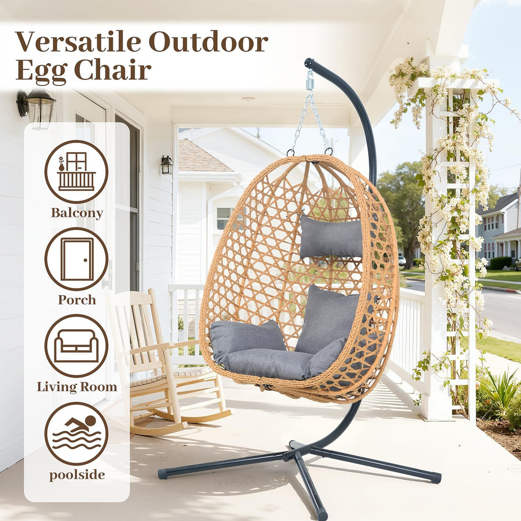Hanging Egg Chair with Stand & Cushions - All-Weather Rattan Swing Chair for Patio, Balcony, Garden (Modern Boho Design, Ready-to-Use Indoor Outdoor)-Grey
