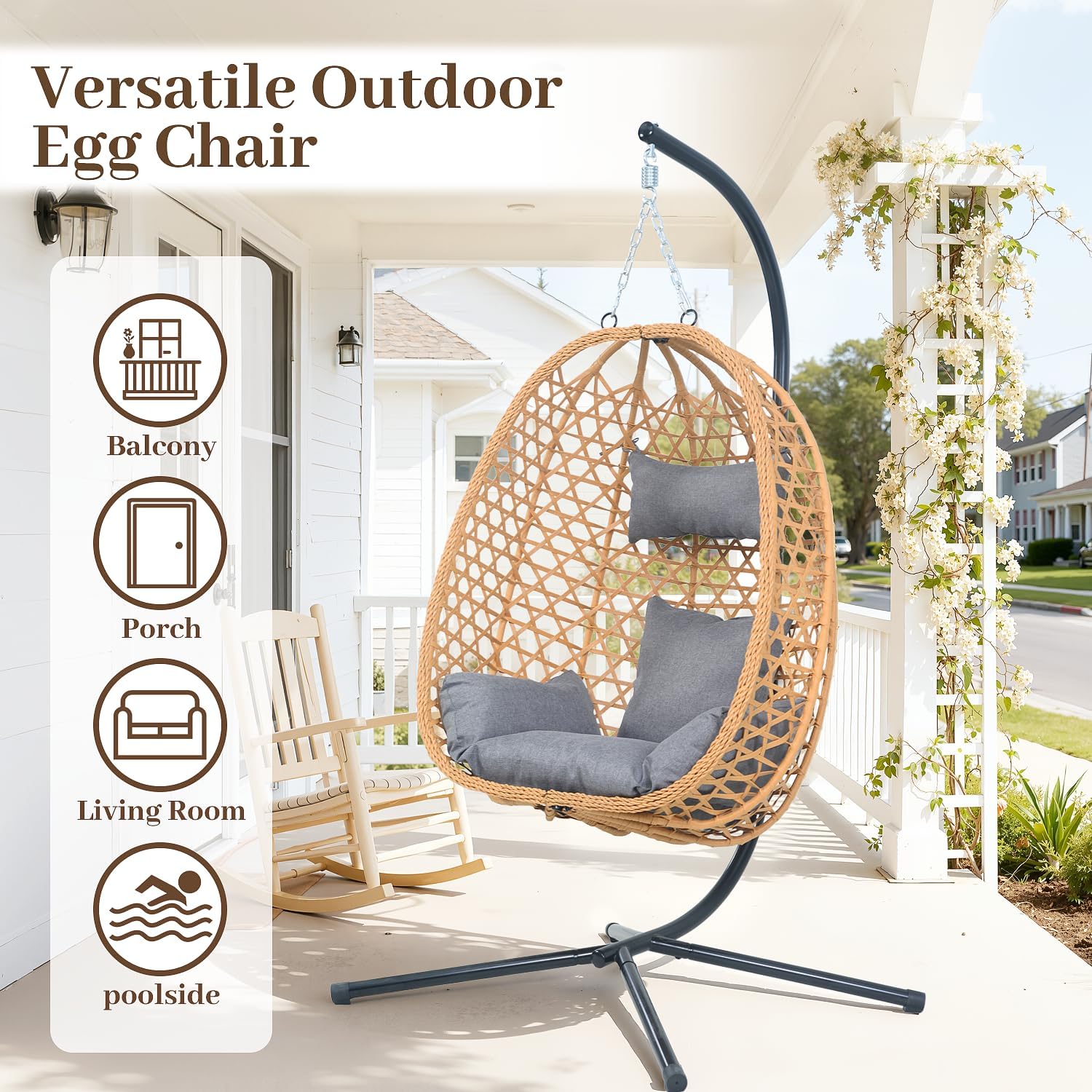 Hanging Egg Chair with Stand & Cushions - All-Weather Rattan Swing Chair for Patio, Balcony, Garden (Modern Boho Design, Ready-to-Use Indoor Outdoor)-Grey