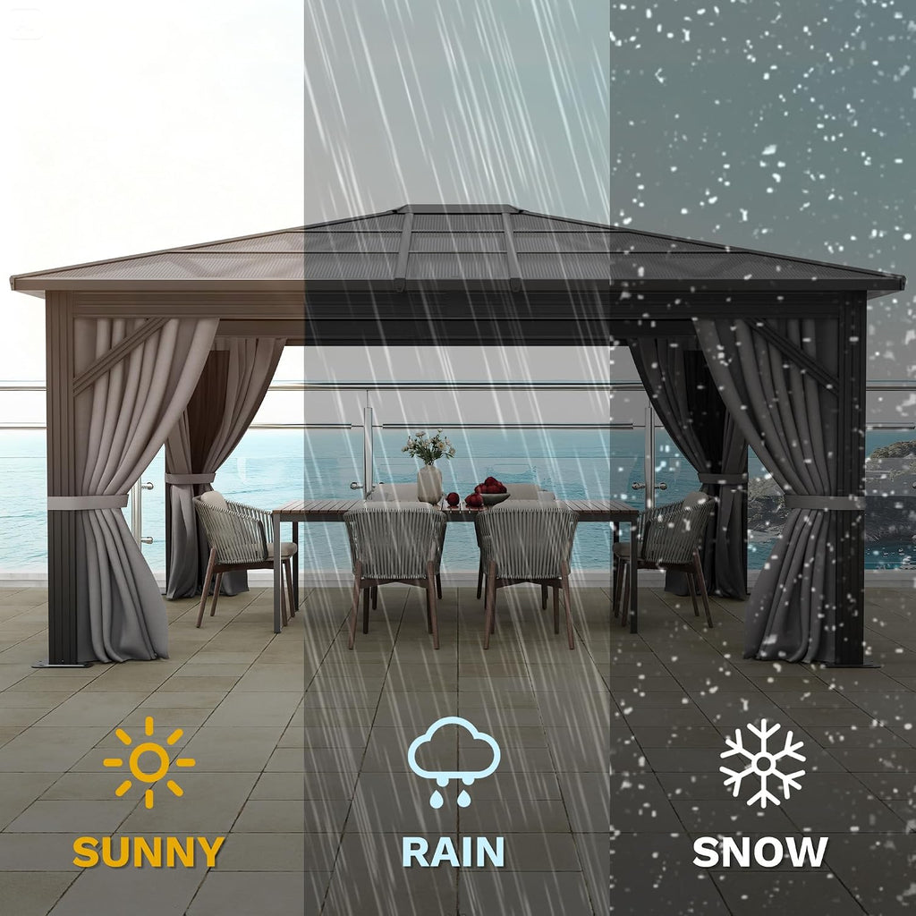 DWVO 10x12ft Gazebo Hardtop Single Roof Polycarbonate Canopy Outdoor with Netting and Shaded Curtains, Metal Frame Garden Tent for Patio, Backyard, Deck and Lawns, Gray
