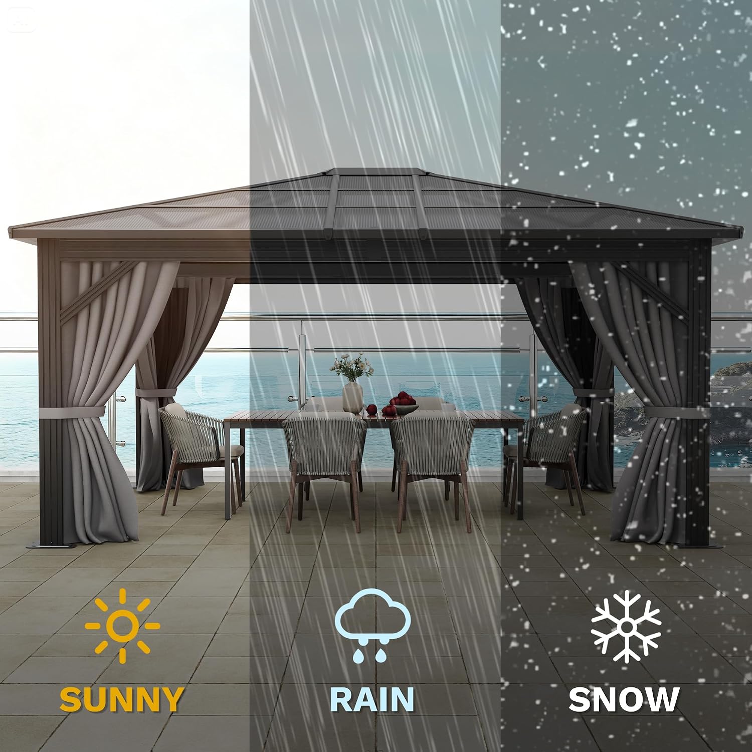 DWVO 10x12ft Gazebo Hardtop Single Roof Polycarbonate Canopy Outdoor with Netting and Shaded Curtains, Metal Frame Garden Tent for Patio, Backyard, Deck and Lawns, Gray