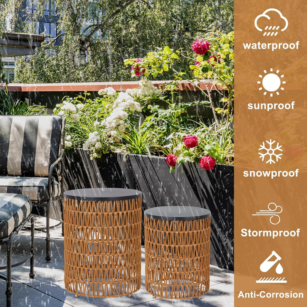 HMVPL Outdoor Side End Table with Dimmable Light Remote Control,2-Pack Small Round Patio Table with Timing Light,Outside Plastic Rattan Accent Bistro Desk for Poolside Backyard Balcony Gazebo Indoor