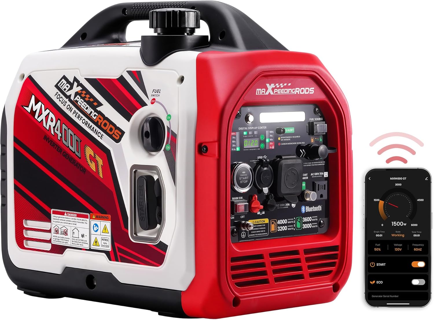 maXpeedingrods 4000 Watt Dual Fuel Inverter Generator with Bluetooth® Control Start and Display, RV Ready, Electric Start, Quiet for Outdoor Camping, Home Backup, Garden，PGMA Compliant