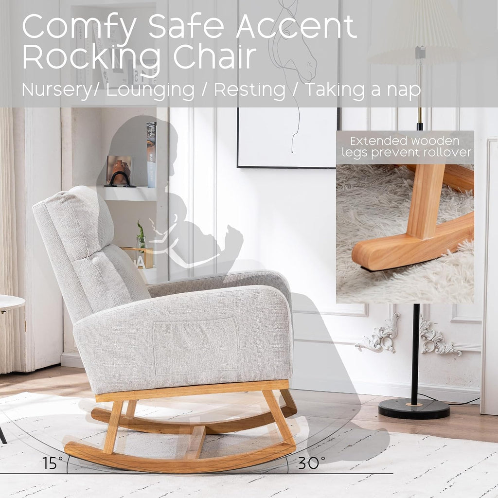 Rocking Chair Nursery, Nursery Rocker Chairs for Mom with High Backrest and Solid Wood Legs, Modern Glider Chairs for Nursing Living Room Bedroom, Light Grey