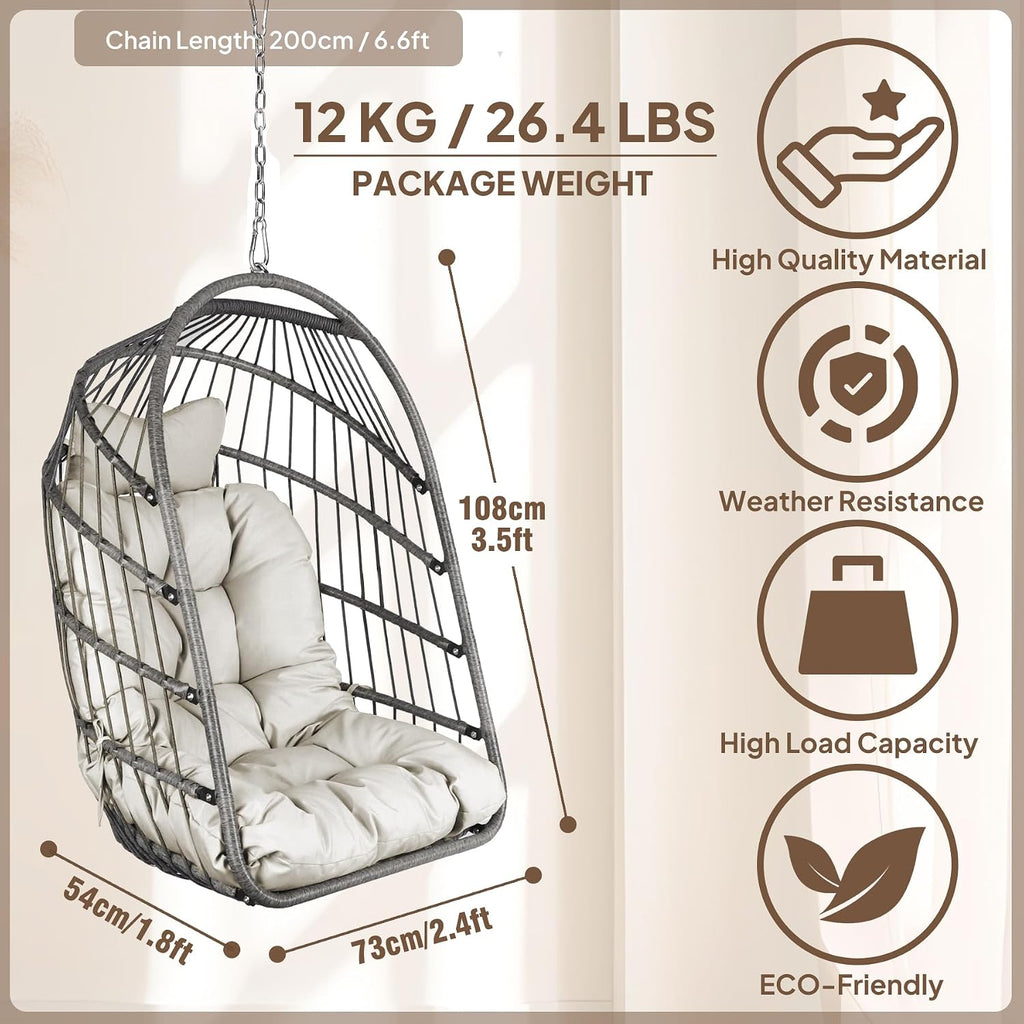 Chihee Egg Chair Foldable Wicker Rattan Hanging Swing Chair Indoor Outdoor Patio Wicker Chair Hammock Chairs with Stainless Steel Hanging Kit Chain Link UV Resistant Cushion Bedroom Balcony