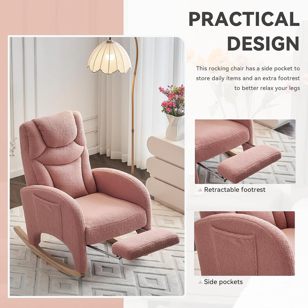 FOXHUNTER Rocking Chair Nursery, Modern Glider Chair with Adjustable Footrest and Solid Wood Legs, High Backrest Nursery Chair with Side Pocket, Rocker Armchair for Living Room Bedroom, Teddy Pink