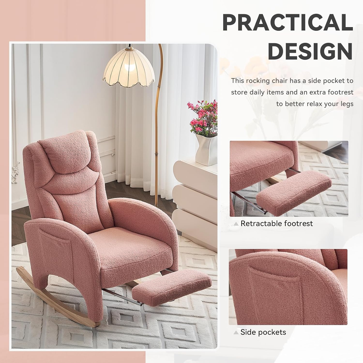 FOXHUNTER Rocking Chair Nursery, Modern Glider Chair with Adjustable Footrest and Solid Wood Legs, High Backrest Nursery Chair with Side Pocket, Rocker Armchair for Living Room Bedroom, Teddy Pink
