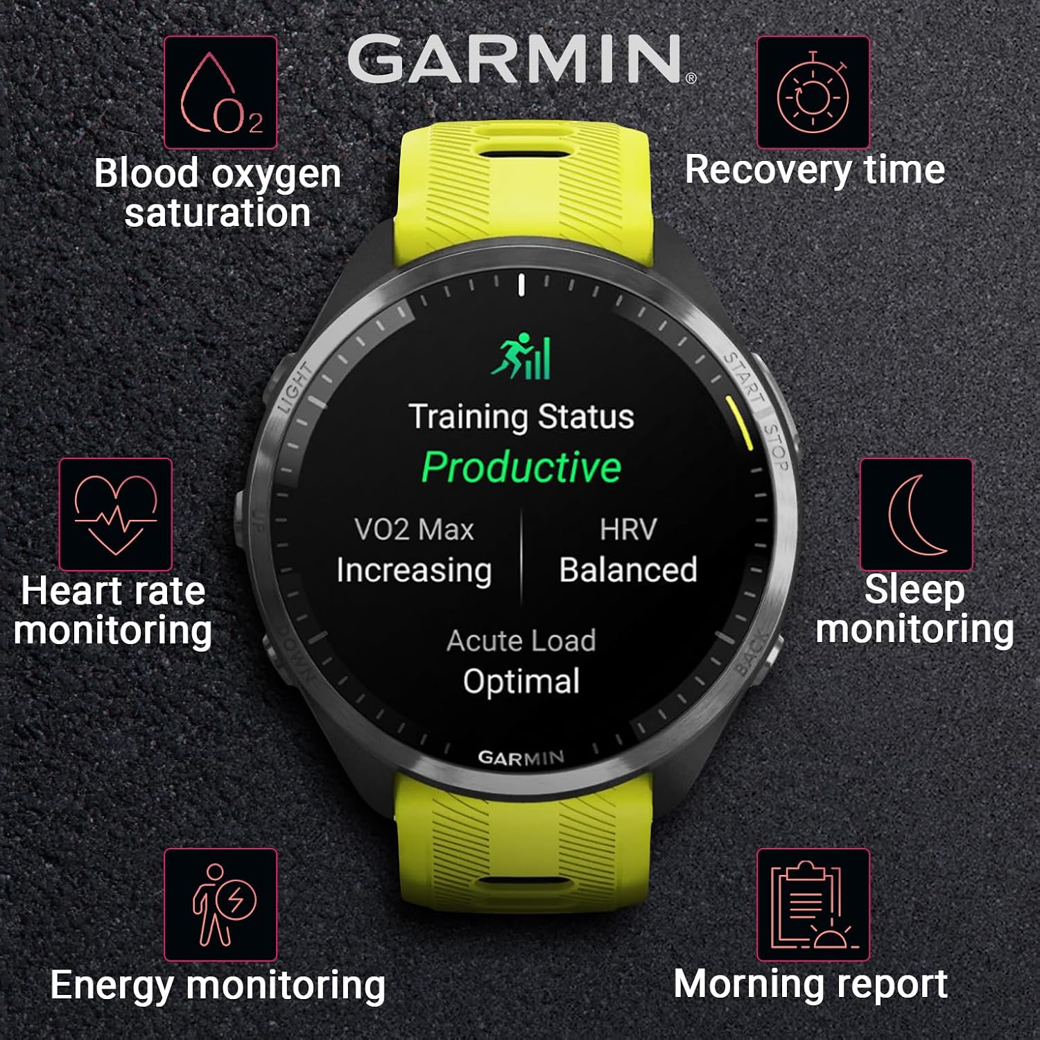 Garmin Forerunner 965 Premium GPS Running and Triathlon 47 mm Smartwatch with AMOLED Touchscreen Display, Carbon Gray DLC Titanium Bezel and Yellow Silicone Band + Black Earbuds Bundle