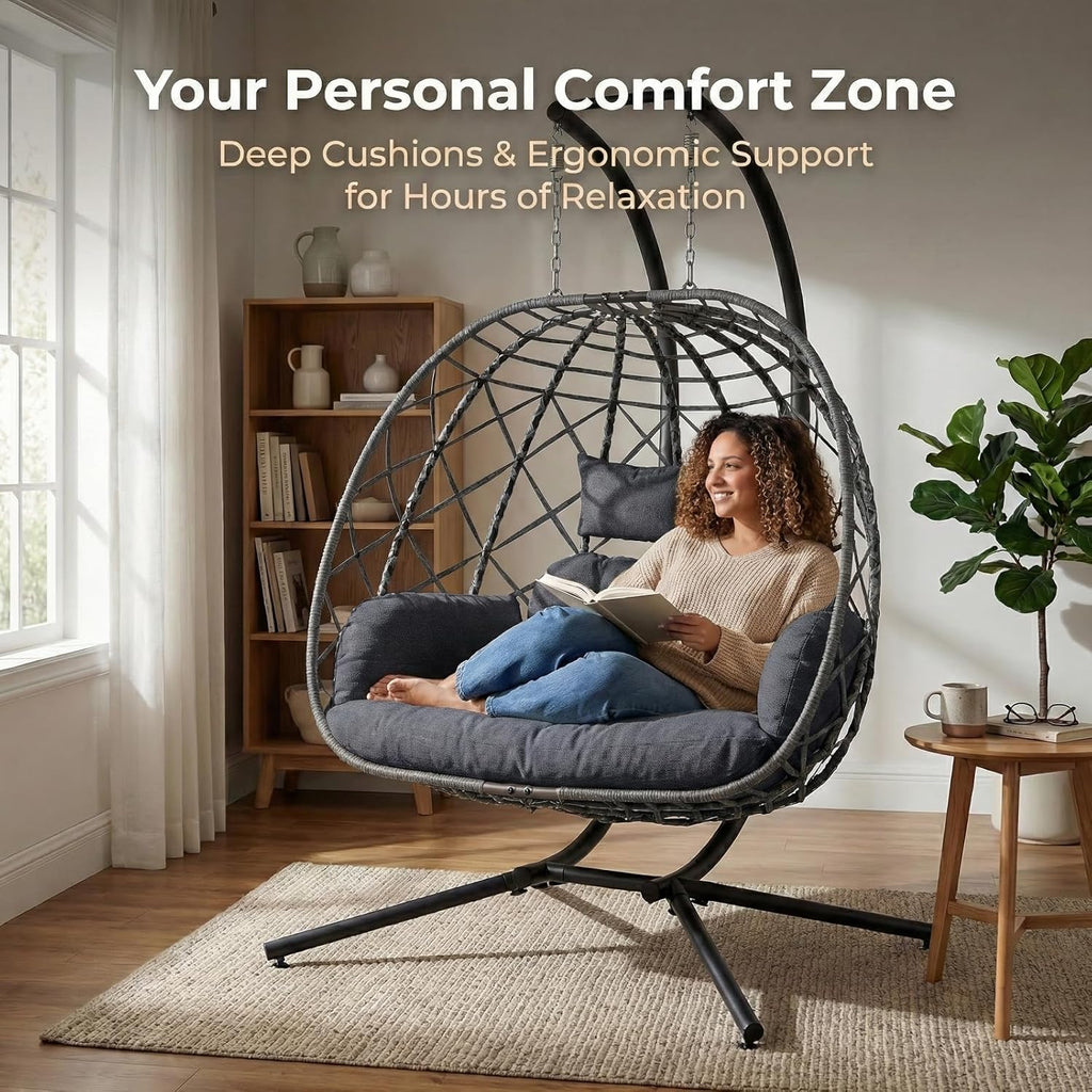SWITTE Double Egg Swing Chair with Stand, Outdoor Patio 2 Person Hanging Wicker Hammock Chairs with Cushion for Indoor Bedroom, Lawn, Garden-Dark Grey