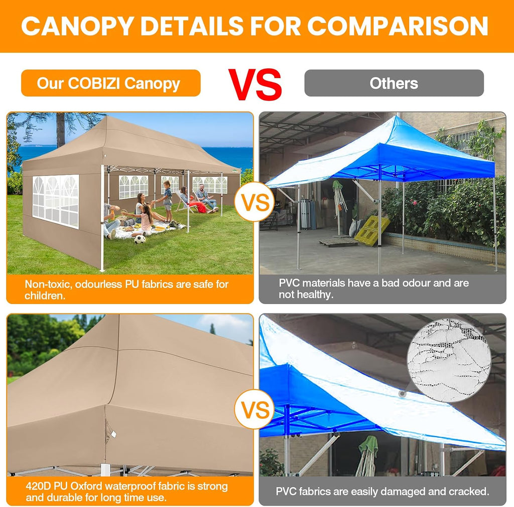 COBIZI 10x30 Pop up Canopy with Roller Bag & 8 Removable Sidewalls, Canopy Tent for Parties, Wedding, and Commercials, Waterproof and Instant Shelter UV50+ Outdoor Gazebo with 4 Sandbags(Khaki)