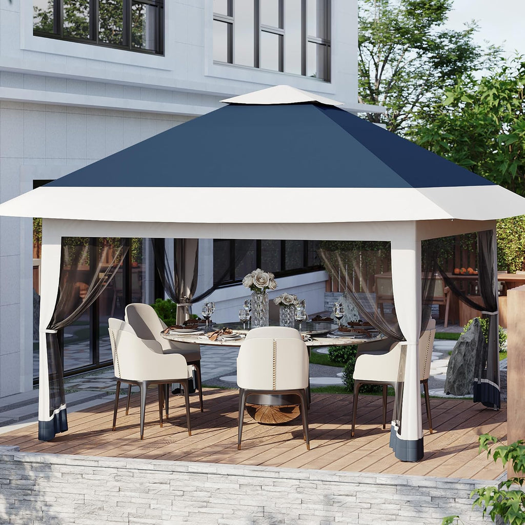 12x12ft Patio Gazebo, Outdoor Canopy with Mesh Walls, Pop Up Gazebo Tent with 4 Ropes 8 Stakes & Portable Carrying Bag, Double Roof, Easy Up Pavilion for Outside Garden, Backyard, Lawn