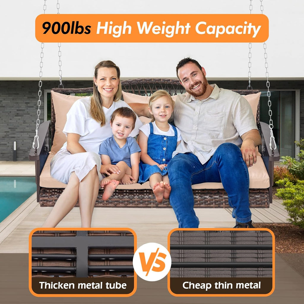 ZZW Upgraded Wicker Hanging Porch Swing Heavy Duty 900lbs 3-Seat Outdoor Patio Swing Chair Bench for Adult w/ 8.9ft Hanging Chains Cushions and Cup Holder