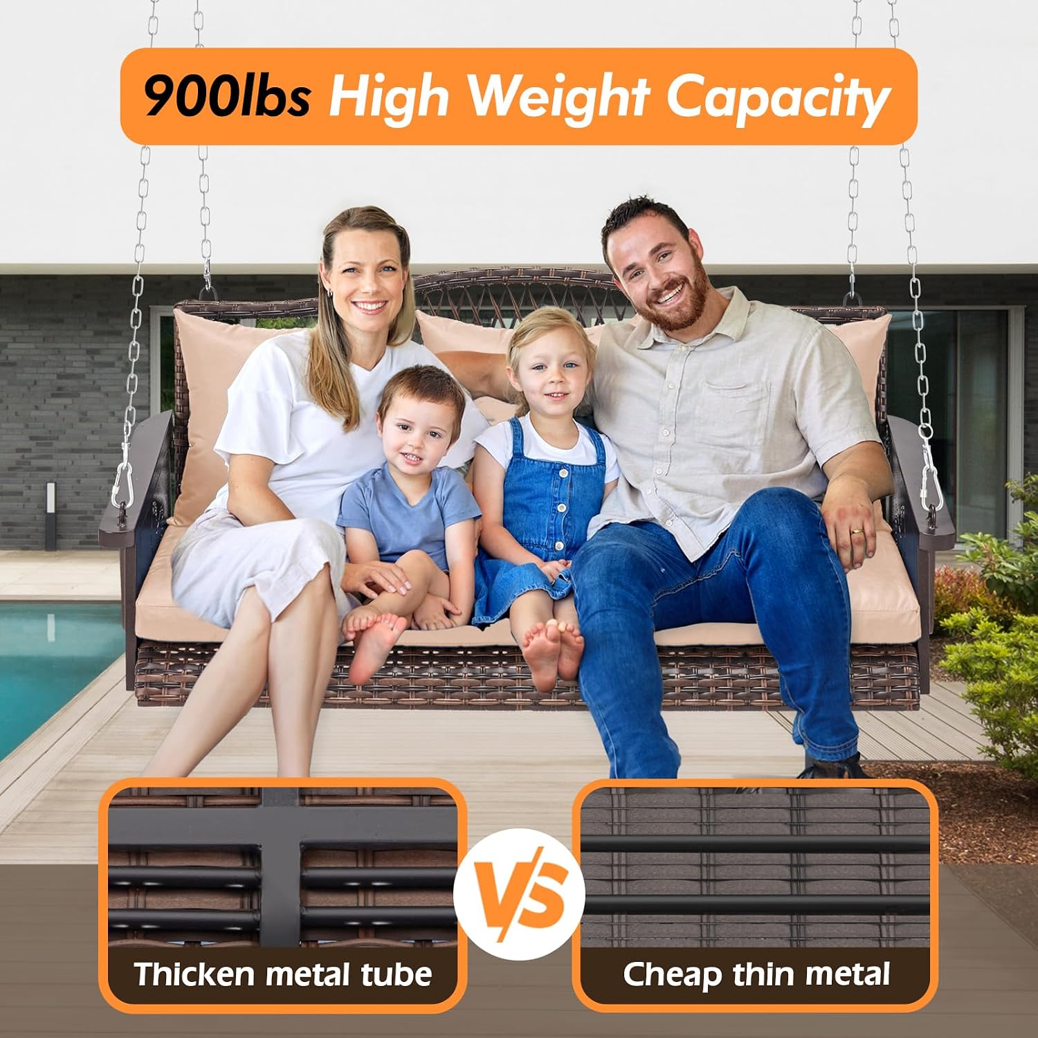 ZZW Upgraded Wicker Hanging Porch Swing Heavy Duty 900lbs 3-Seat Outdoor Patio Swing Chair Bench for Adult w/ 8.9ft Hanging Chains Cushions and Cup Holder