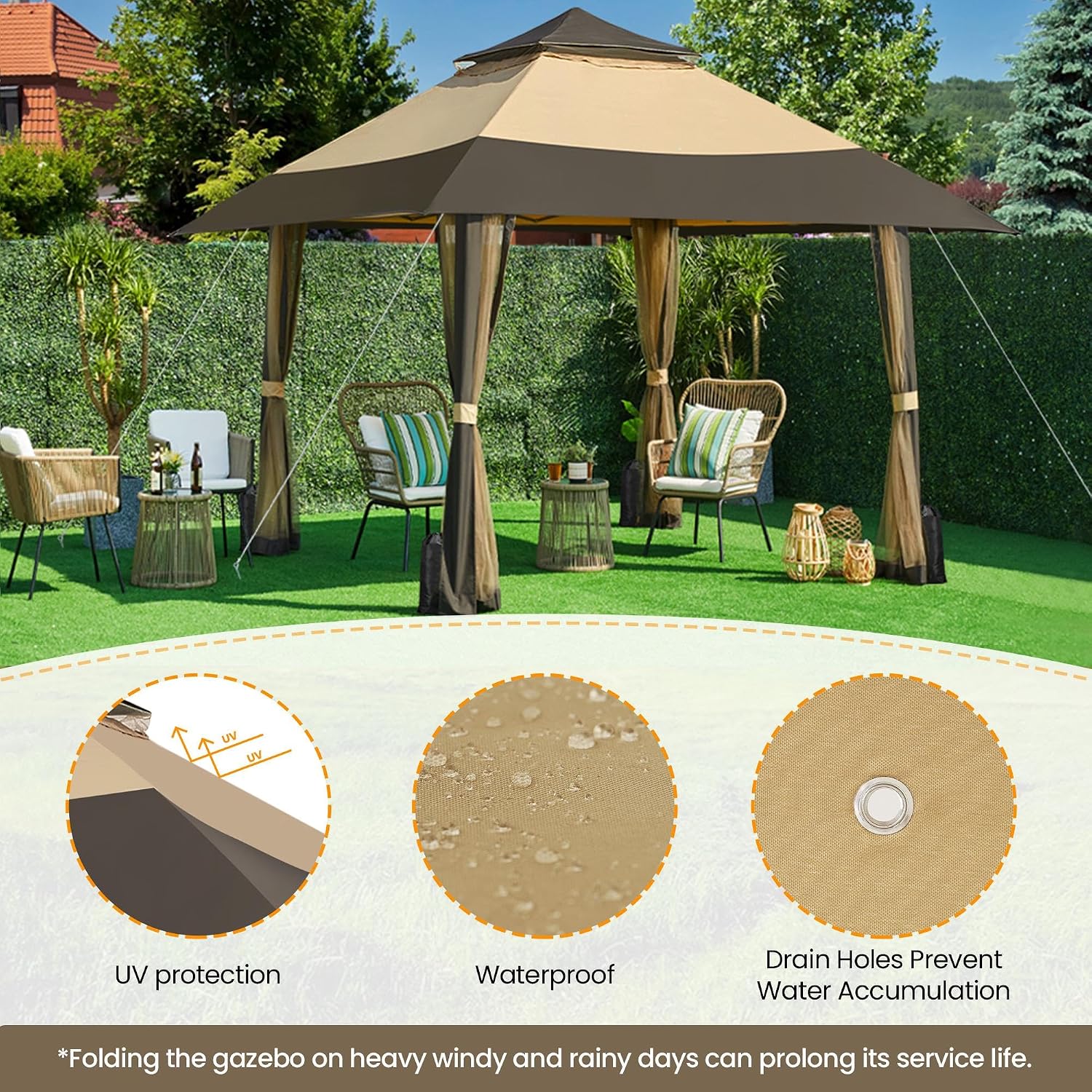 Yaheetech 13x13 Pop Up Gazebo Outdoor Canopy Shelter, Instant Patio Gazebo Sun Shade Canopy Tent with 4 Sandbags, Double Tiers & Mesh Netting for Lawn, Garden, Backyard & Deck, Khaki