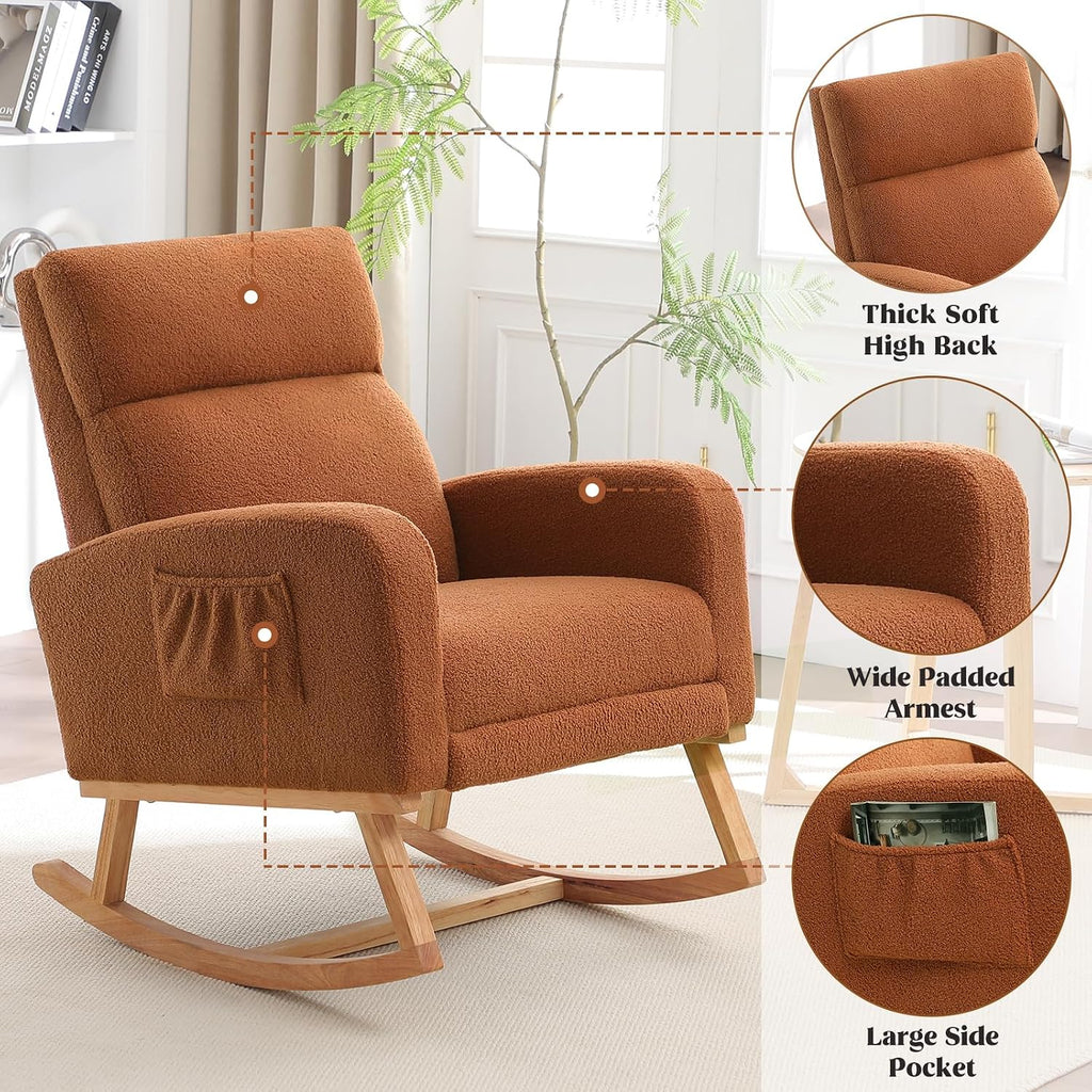 HCHAIRH Rocking Chair Nursery with Foot Rest, Nursing Rocking Chairs for Mom Nursery, Teddy Rocker Glider with High Backrest for Living Room, Bedroom, Brown