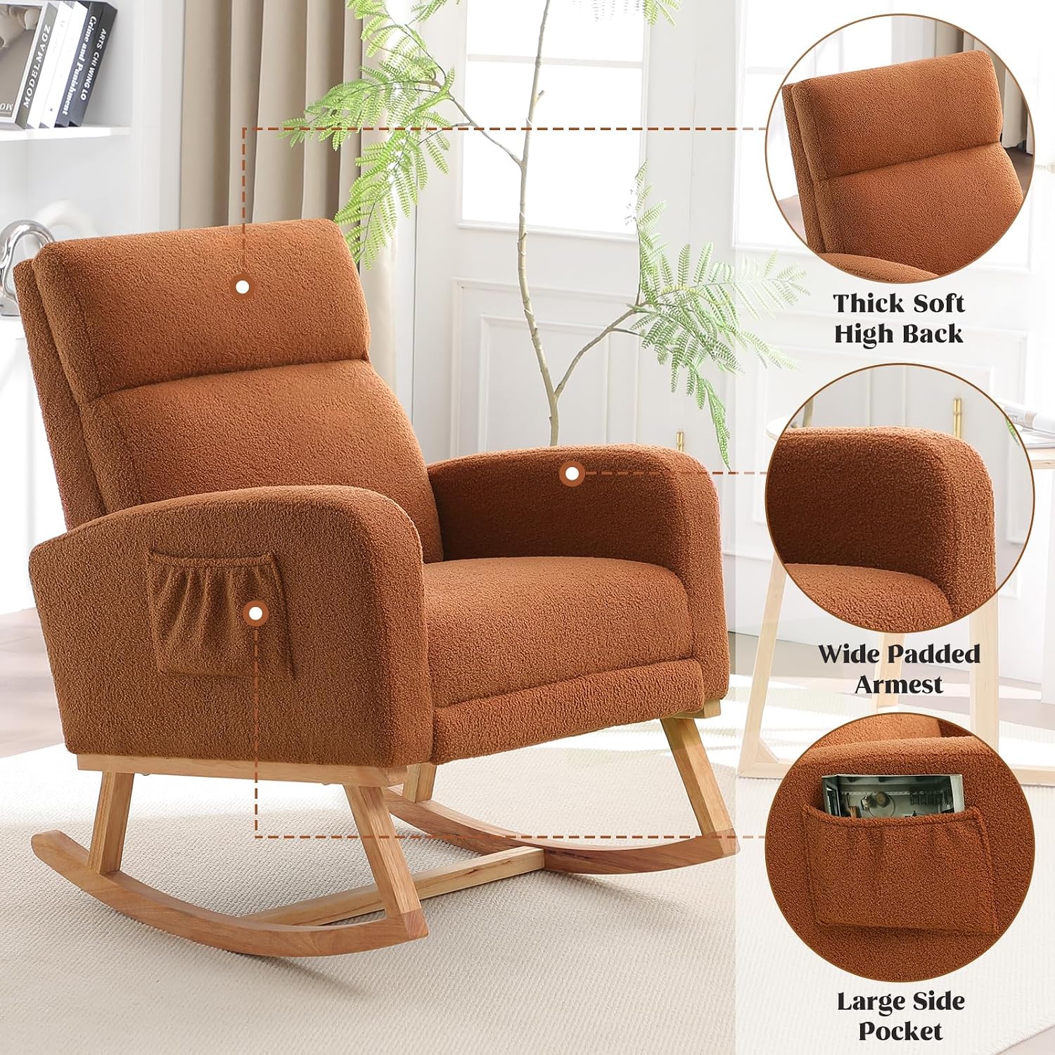 HCHAIRH Rocking Chair Nursery with Foot Rest, Nursing Rocking Chairs for Mom Nursery, Teddy Rocker Glider with High Backrest for Living Room, Bedroom, Brown