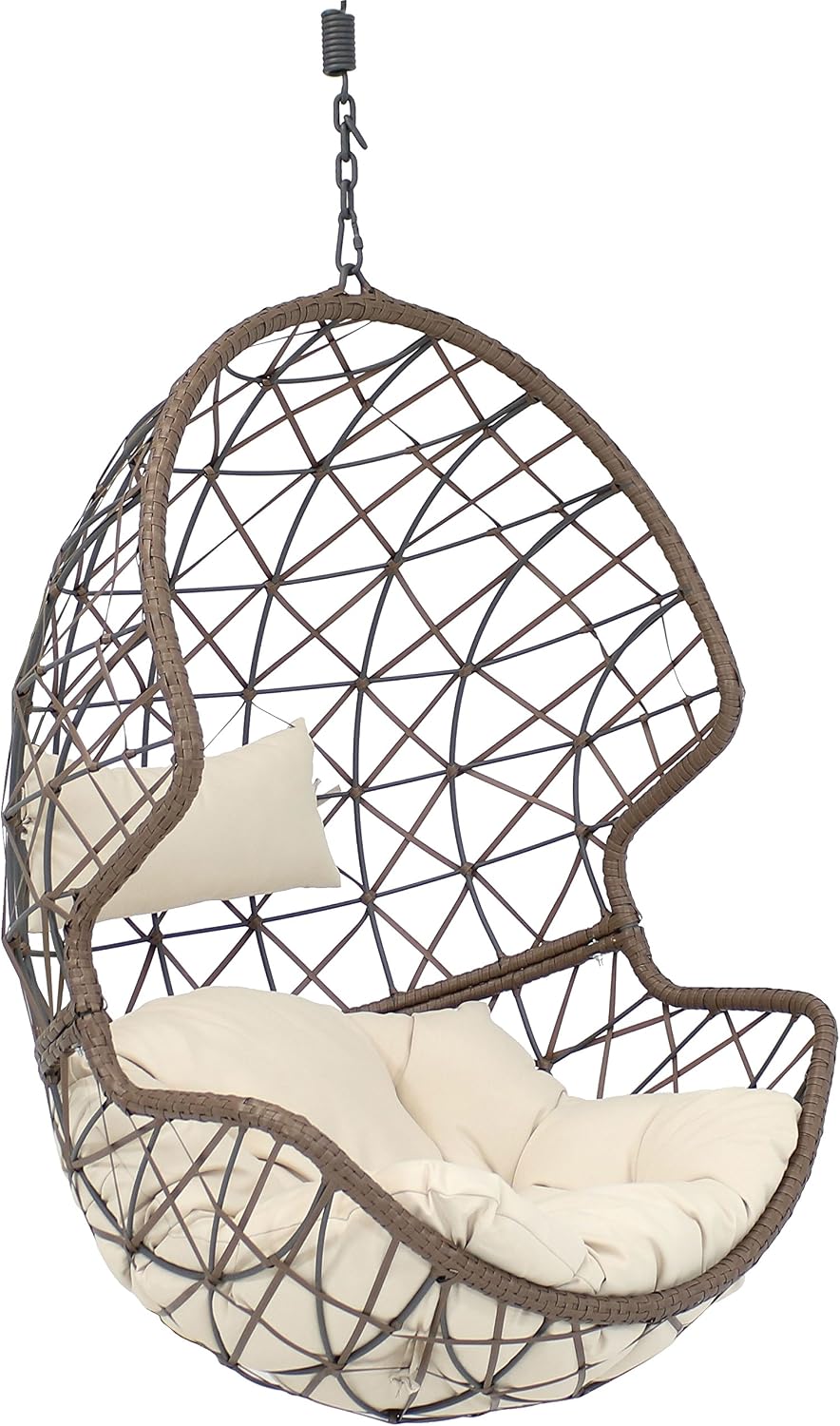 Sunnydaze Danielle Hanging Egg Chair - Resin Wicker Basket Design - Outdoor Use - Includes Beige Cushion