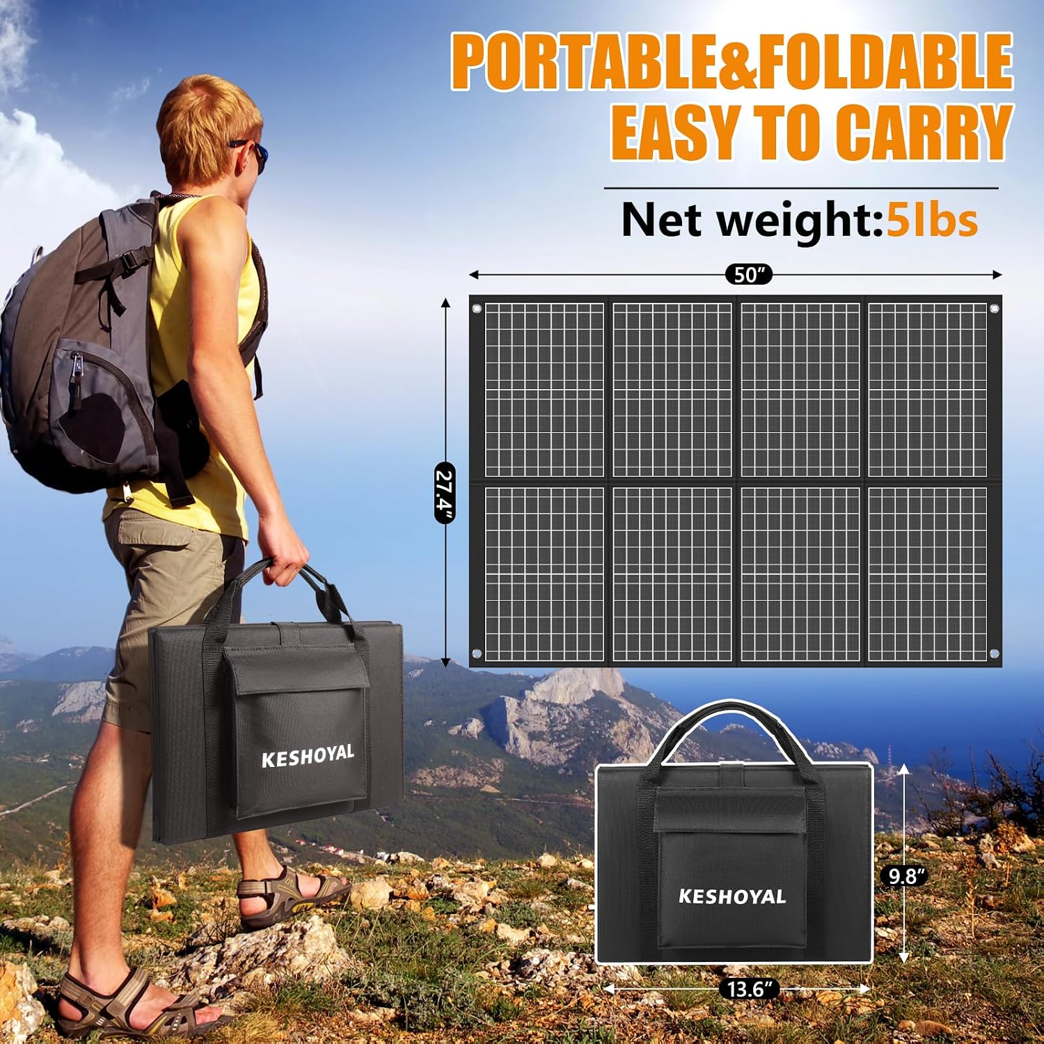 100W Portable Solar Panel, Foldable Monocrystalline Solar Charger with 18V DC & USB Outputs, IP65 Waterproof Folding Solar Panels for Portable Power Station, Camping, RV, Off-Grid, Hiking