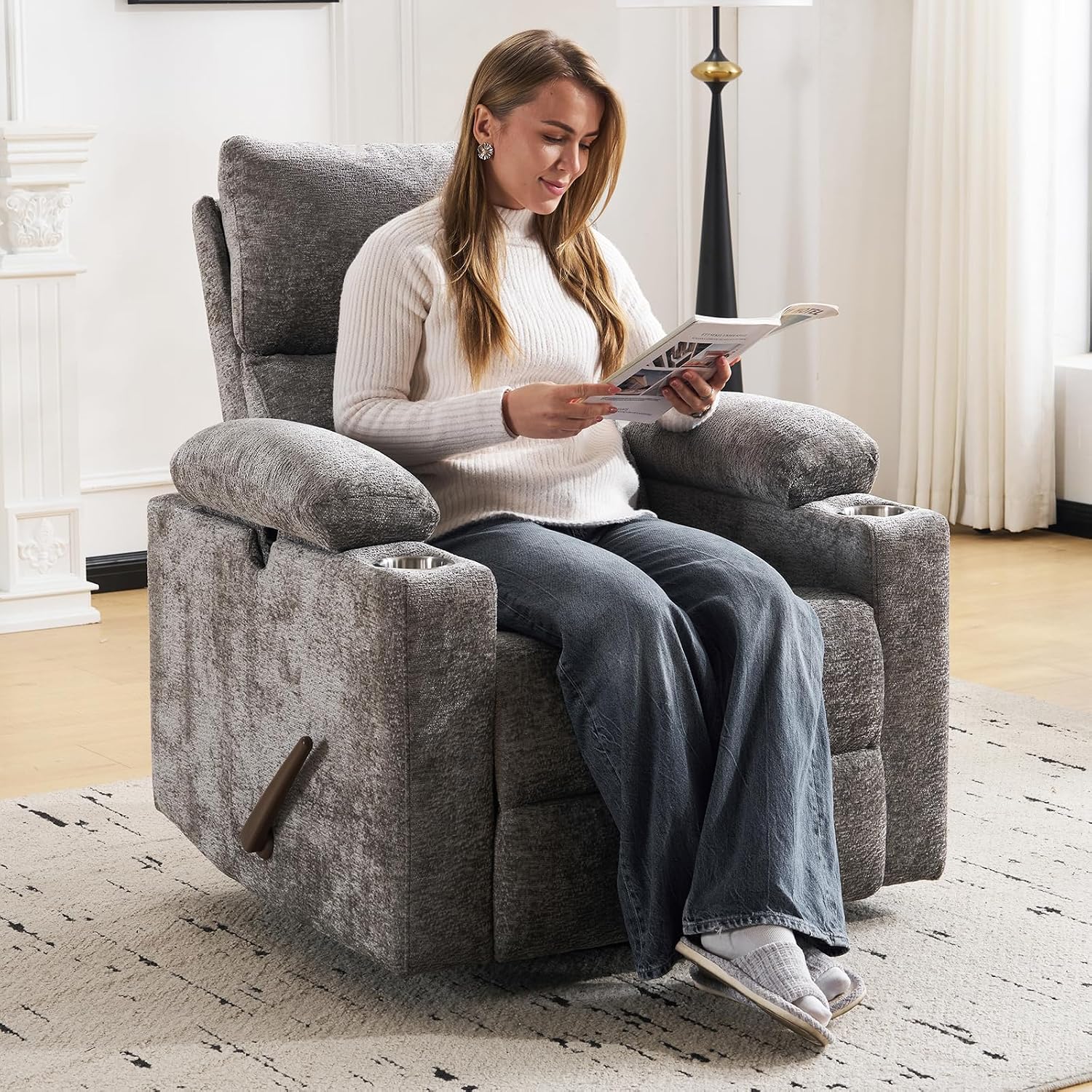 Swivel Rocker Recliner with Adjustable Armrests, Rocking Nursery Chair with Adjustable Headrest, Cup Holder, Manual Recliner Nursing Chair for Breastfeeding, Chenille Dark Grey