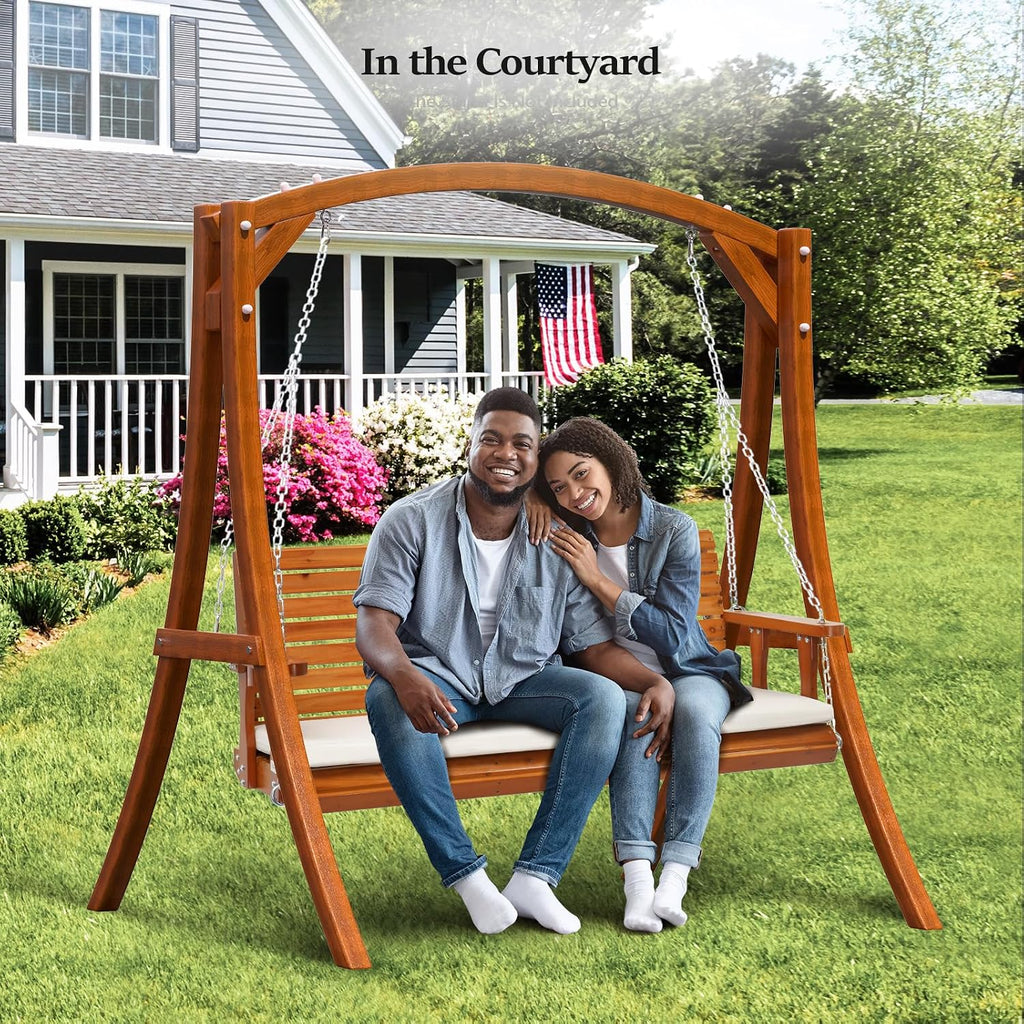 VINGLI Heavy Duty 880 LBS Patio Wooden Porch Swing Outdoor with Extra Cushion, Farmhouse Hanging Bench Tree Swing with Adjustable Chains for Yard | Garden | Lawn | Balcony (5 FT, Brown)