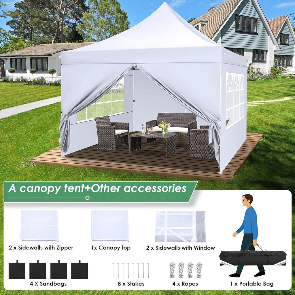 COBIZI Canopy 10x10 Pop Up Canopy Tent with 4 Sidewalls, Commercial Party Tent Ez Waterproof Outdoor Instant Gazebo UV 50+ Event Shelter, Garden Tents for Parties Camping with Sandbags, White