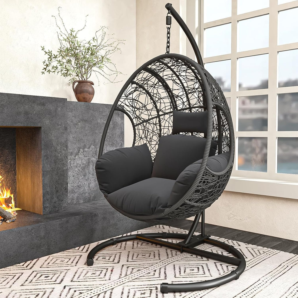 Oversized Hanging Egg Chair with Stand Outdoor Wicker Swing Chair Comfy Hammock Egg Shaped Chair 400lbs Capacity for Patio, Garden and Balcony