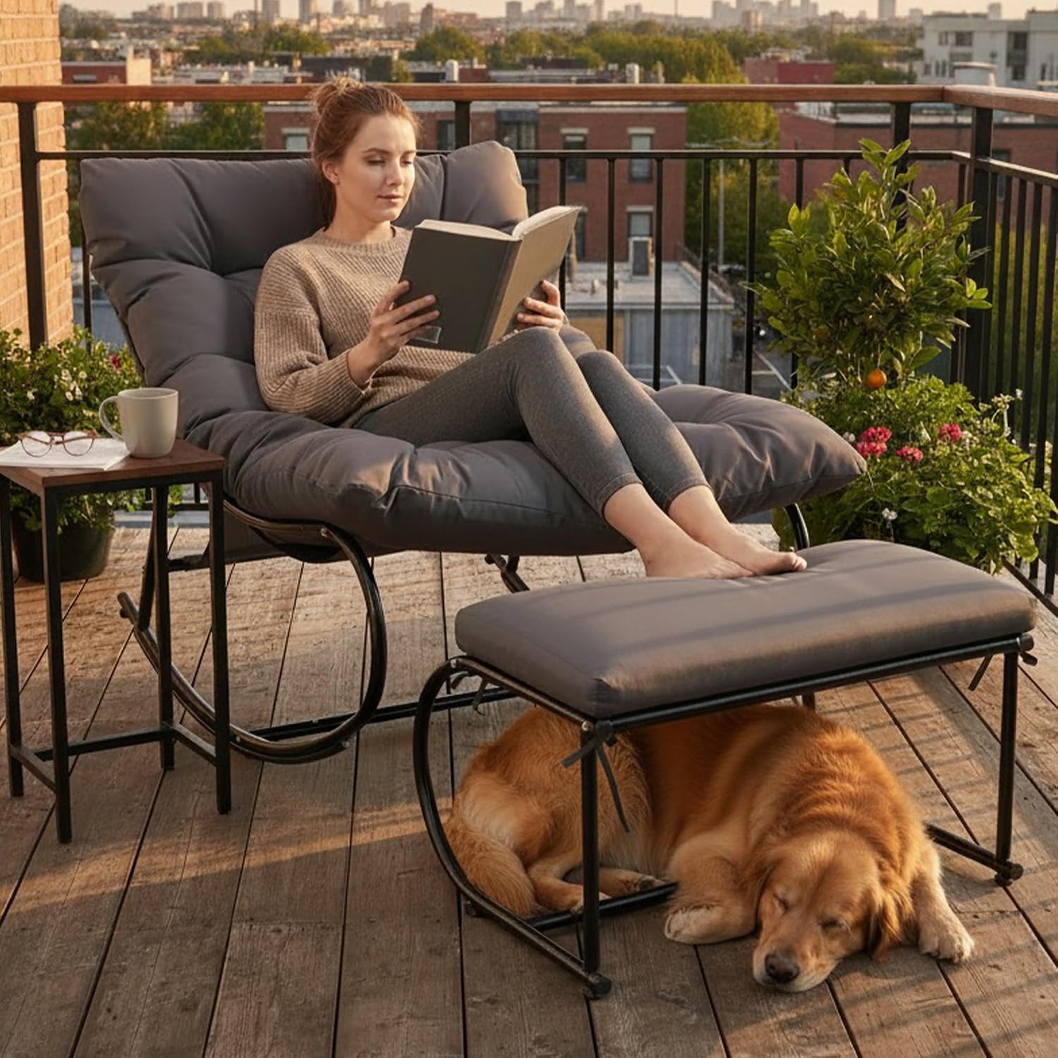 Upholstered Outdoor Rocking Chairs, Modern Patio Rocking Chair Set of 2 with Foot Rest, Sturdy Metal Papasan Rocking Chair, Cozy Rockings Recliner Chair for Bedroom/Living Room/Lawn, Gray