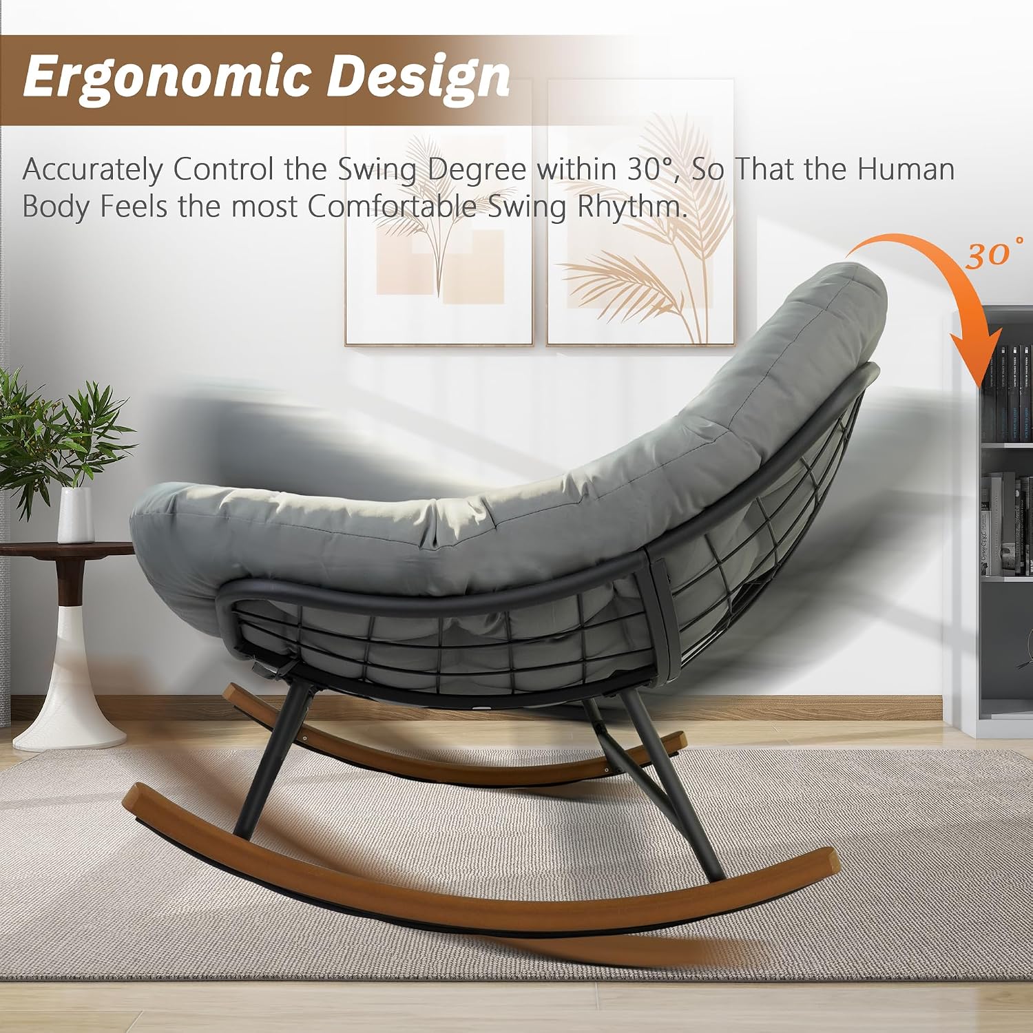 Rocking Papasan Chair,Patio Rocking Chairs for 2-Person Indoor & Outdoor,Oversized Rocking Chair with Thicken Cushion and Steel Frame,Rocker Lounge Chair for Yard,Living Room,Grey
